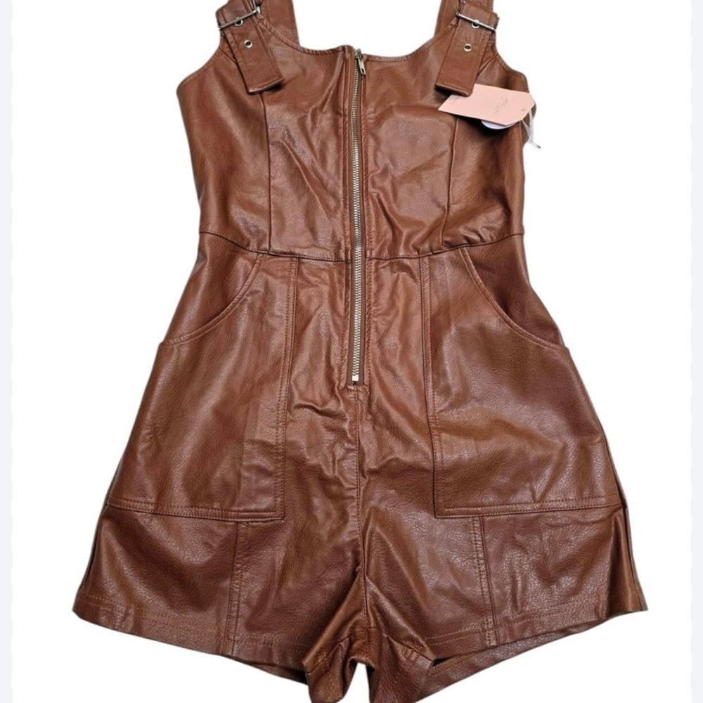 Brown Faux Leather Romper Jumpsuit with Front Zip